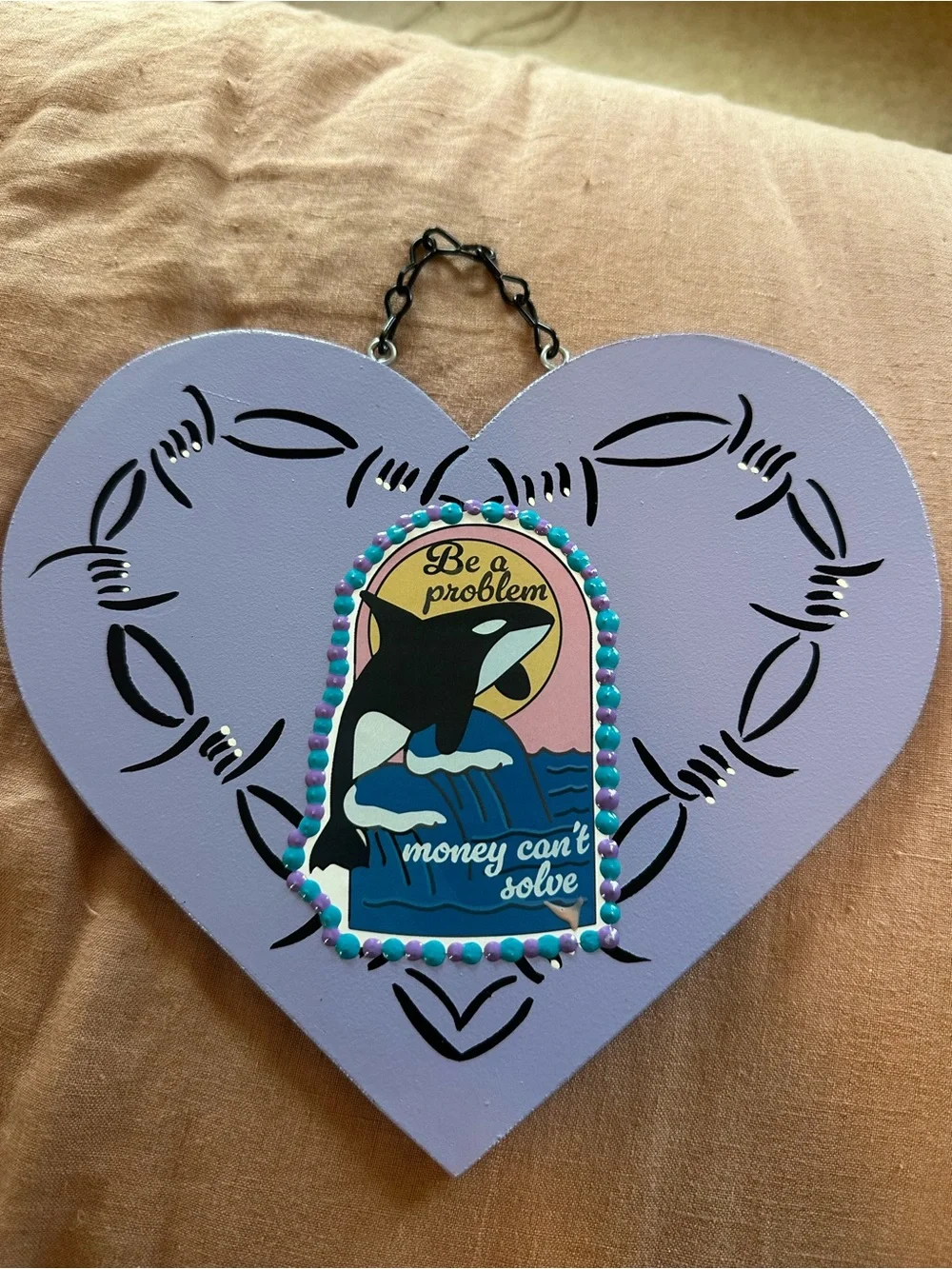 Lavender Heart Wall Plaque with Whale Graphic and painted Barb wire